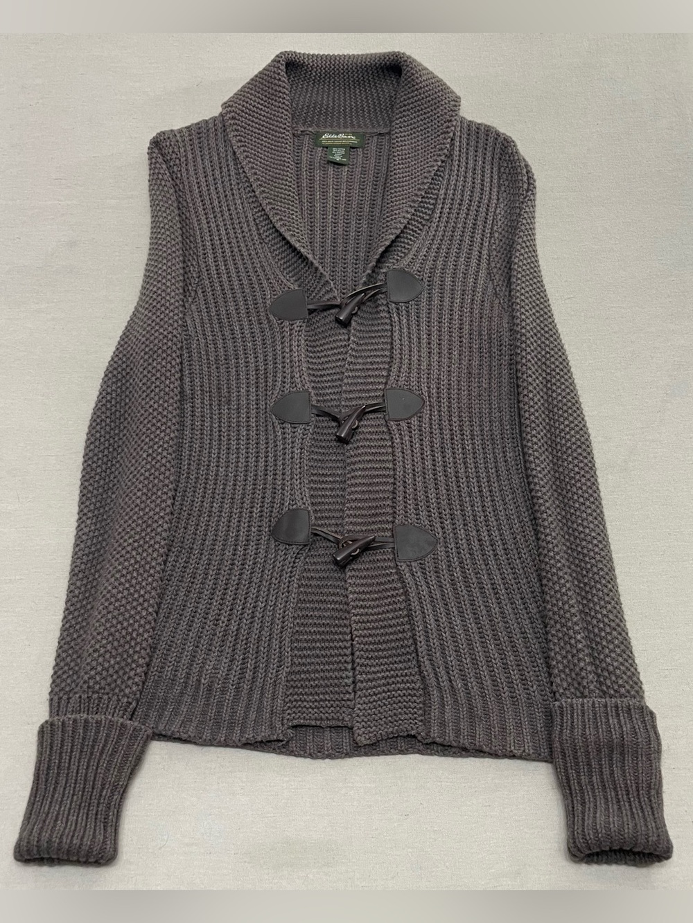 Eddie Bauer Women Sz Medium Sweater Brown Knit Angora Rabbit Blend Shawl Toggles